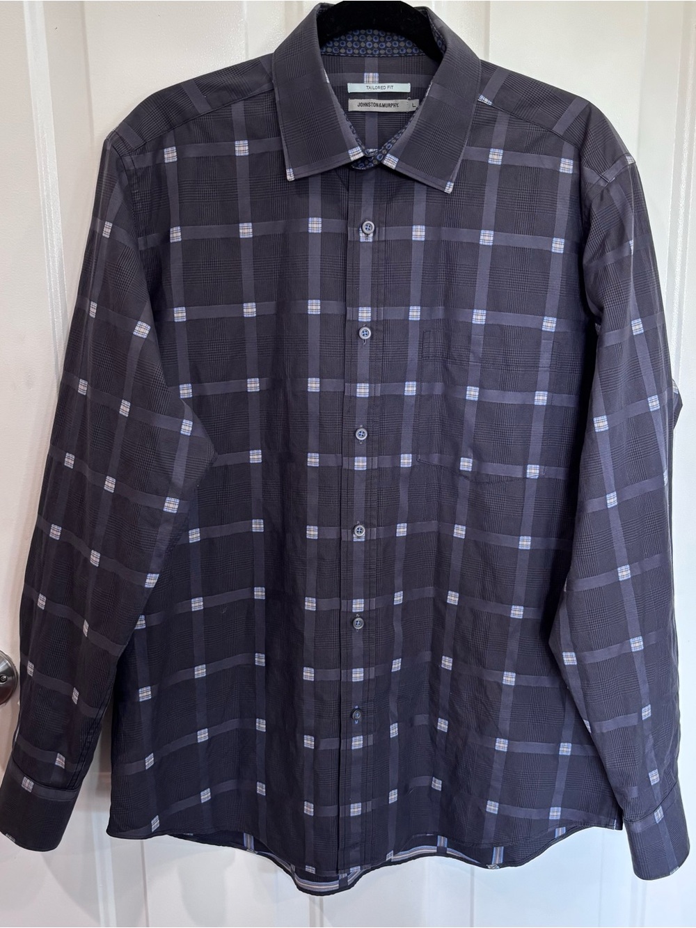 Johnston & Murphy Black and Gray Plaid Button-Up Shirt Size Large
